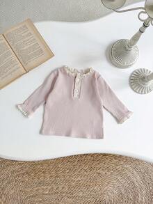 Newborn Baby Girls Sweet Lace Trim Elastic Pink Long Sleeve Basic T-Shirt, Spring/Autumn - Pink - View 5