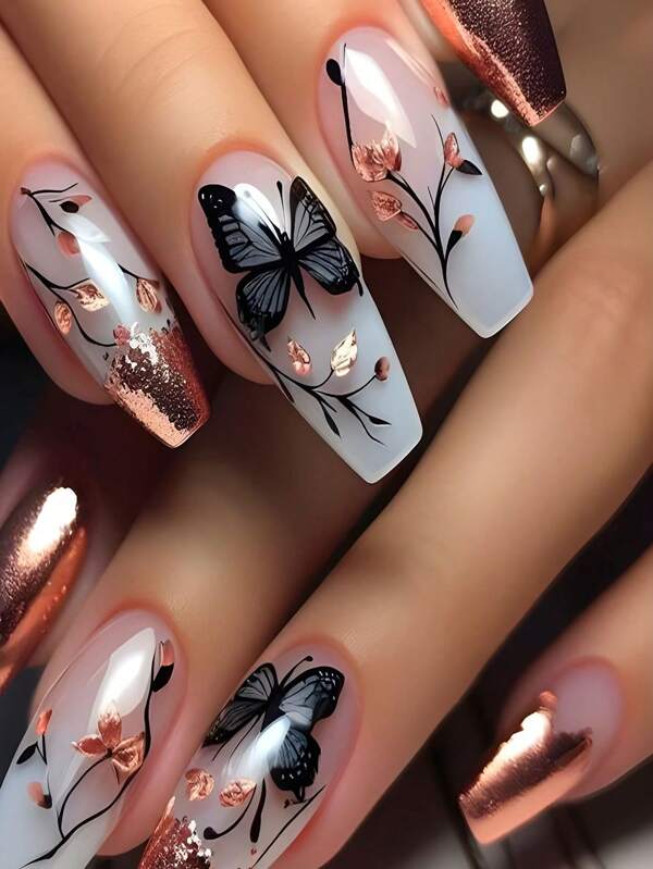 Y2K Update Your Look 24Pcs Long Coffin Super Glossy Press On Nails Pink Fashion French Style Gradient Glitter Geometry Stripe Gilding Flower Butterfly Leaf Pattern Beauty Simple Style Fake Nails Artificial Finger Manicure False Nails For Women Sweet,Cute,Minimalist,And Elegant Style Nail Art Set With Detachable Fake Nails Patches Suitable For Holiday Wear, Parties, Friends, Dates, Daily Wear
