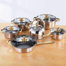 Juego de 12 piezas de utensilios de cocina de acero inoxidable con mangos dorados, adecuado para el juego de combinación de cocción de fondo plano para la cocina - Plateado - Ver 2