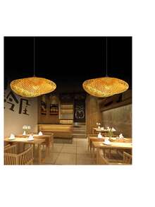 手工竹编吊灯，中式乡村农舍风格，适用于餐厅、客房、榻榻米吊灯，不含灯泡和电线，E26/E27 灯罩 - A - 查看 2