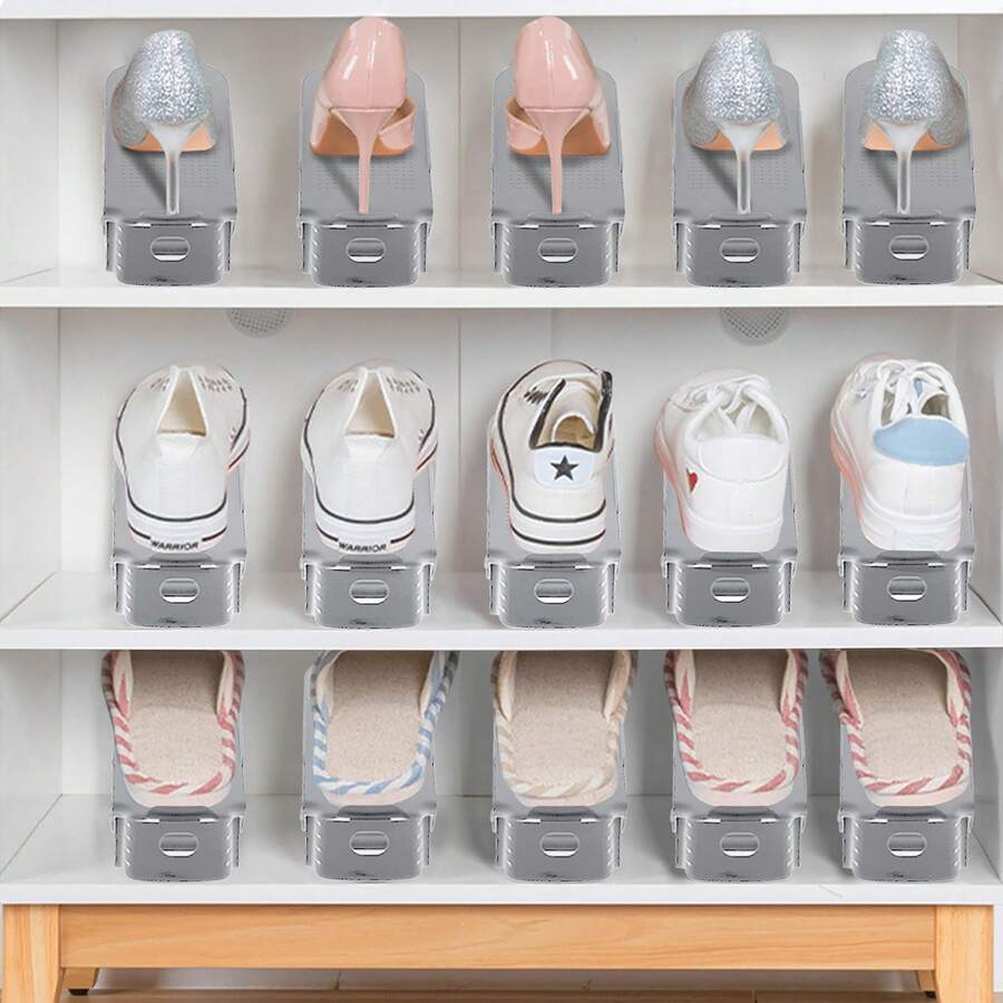 LILIIN Adjustable Shoe Racks, Non-Slip Shoe Holders, 3 Height Adjustable, PP Double Layer Shoe Stacker Set, Space-Saving Shoe Storage, Grey, 10/30 Pieces - Grey - View 1
