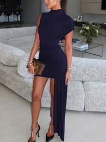 فستان صيفي للنساء بدون أكمام قصير ذو قطع ملمع وطية مخيطة ، فستان حفلات قصير أنيق وجذاب - أزرق بحري - مشاهدة 4