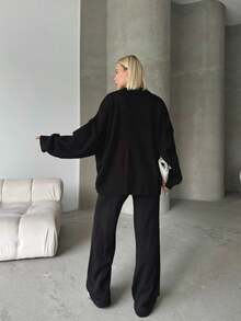Button Detailed Skirt Set, Solid Color Casual Split Ribbed Button Co-Ord Set For Home Wear - Black - View 8