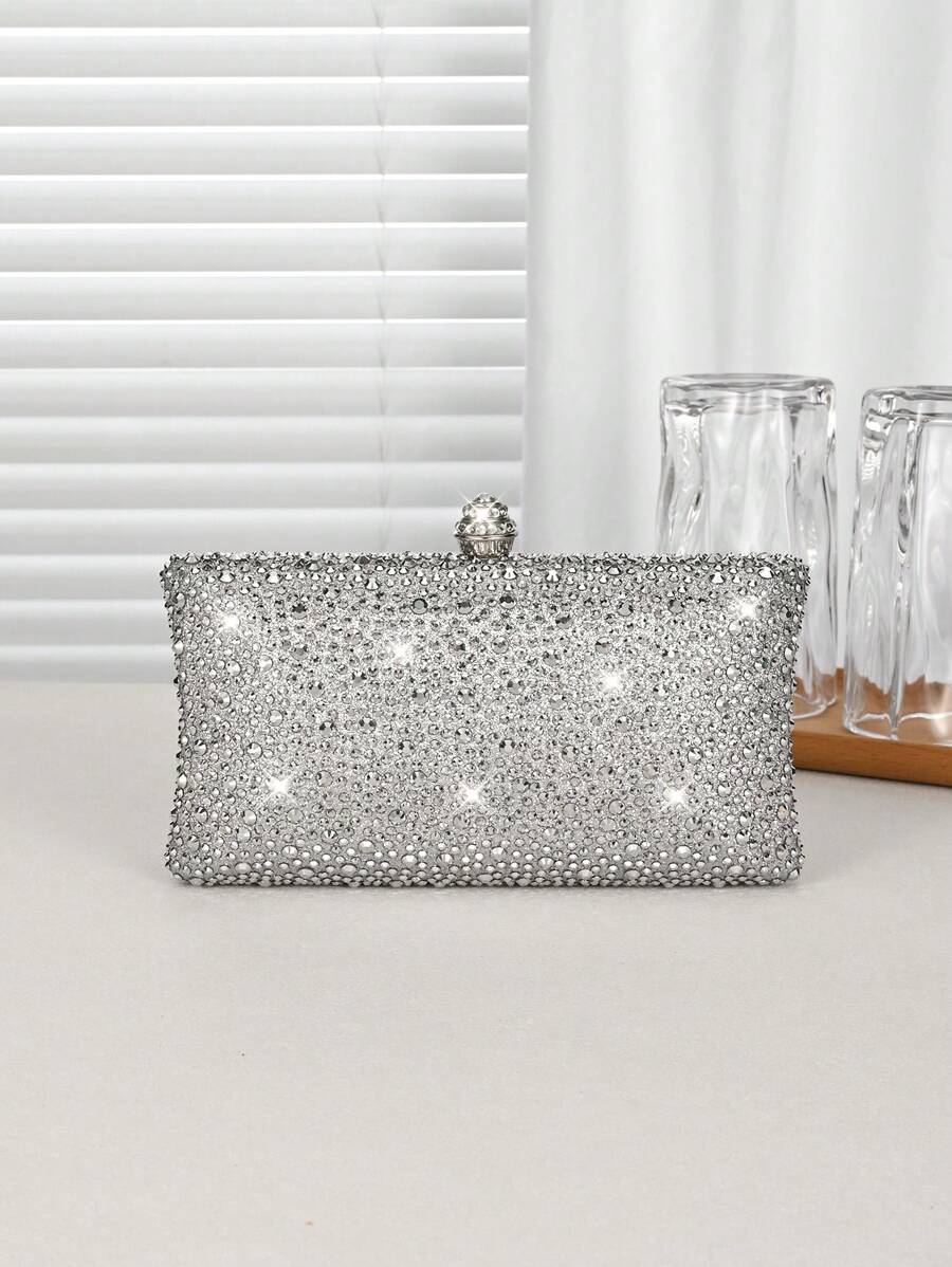 1pc Silver Glitter Rhinestone Embellished Women's Evening Clutch Bag, Fashionable And Elegant Handbag With Metal Chain, Suitable For Parties, Romantic Weddings, Formal Occasions, Banquets, Gift For Women, Valentine's Day Gift