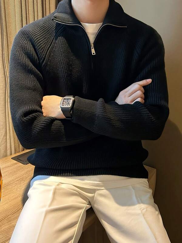 1 Stück Herren Pullover mit Reißverschluss, angenehm weiches hautfreundliches dehnbares Material, schwarzer minimalistischer strukturierter Pullover, vielseitig einsetzbar für Zuhause, Reisen, Büro, Herren Pullover, Herbst Winter