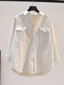 Women's Casual Versatile Solid Color Front Button Thickened Shirt - Apricot - View 3