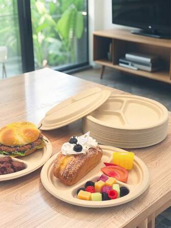 9-Inch 3-Compartment Disposable Paper Plates - Made Of Bamboo Fiber. The 3-Compartment Design Allows You To Place Different Foods In Separate Areas Without Flavor Transfer! They Are Super Suitable For Holding Salad, Snacks, And Staple Food At The Same Time. They Are Great For Outdoor Picnics