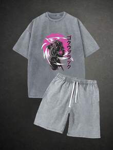 Men's Washed Retro Wax Printed Cotton T-Shirt 230g, 290g Washed Retro Shorts, Dark Combat Stance Print Suitable For Outdoor Sports In Summer, Casual Shorts T-Shirt Shorts Set - 深灰色 - 查看 1