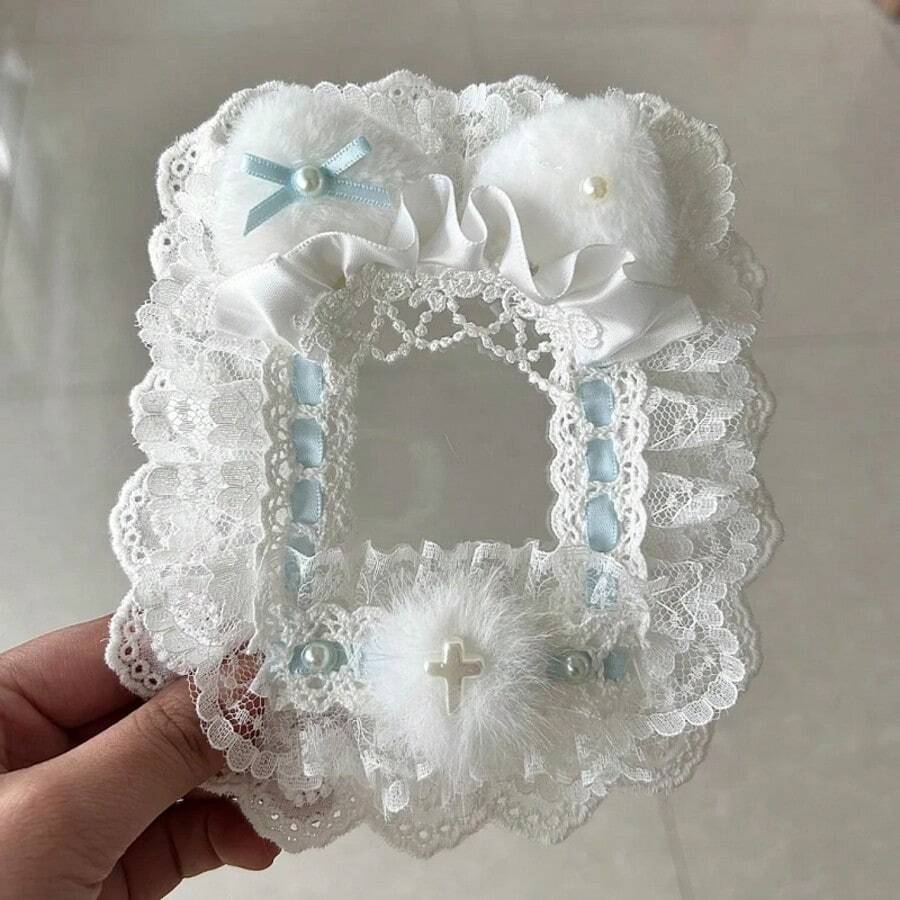 1 件可爱照片卡夹套，卡通人物迷你卡片/明信片/照片收集盒，带背包挂链，手工制品，带猫耳、蕾丝、蓝丝带和蝴蝶结装饰，学校用品，返校