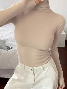 Livesso 女式长袖立领T恤，秋季女装高领衫 - 杏色 - 查看 5