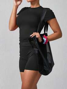 Women's Simple Solid Color Short Sleeve Shorts Sports Suit Black Summer - 黑色 - 查看 8