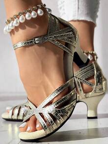 女士亮片圆头软底粗跟芭蕾平底鞋，镂空交叉设计小猫跟舞蹈鞋，百搭正式舞蹈鞋，蛇纹踝带搭扣高跟舞蹈鞋 - 金色 - 查看 3