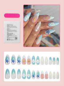 24pcs Medium Almond Shaped Nail Stickers, Blue Ombre, Icy Blue Floral Pattern, Starfish & Shell Decor, Glossy Finish, Full Coverage, Summer Nails, Everyday Wear - Blue - View 2