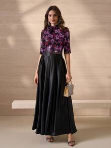 优雅奢华亮片刺绣花卉装饰上衣和 A 字裙女式轻盈两件套