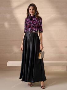 Elegant Luxurious Sequin Embroidered Floral Decor Top And A-Line Skirt Women's Lightweight Two Pieces Set