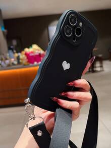 Heart-Shaped Sticker With Wavy Border, Solid Color Phone Case With Lanyard, Waterproof, Shockproof, Anti-Fall, Anti-Scratch - Black - View 3