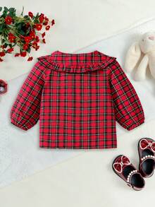 Baby Girls' Cute Peter Pan Collar Puff Sleeve Blouse, Baby Girl Christmas Party Outfit, Suitable For Holiday Parties, Celebrations And Daily Outings, Spring/Autumn - Multicolor - View 2