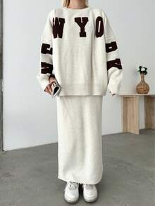 Button Detailed Skirt Set, Solid Color Casual Split Ribbed Button Co-Ord Set For Home Wear - White - View 1