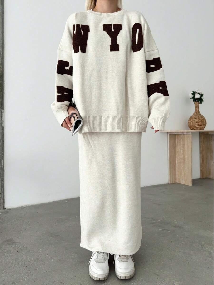 Button Detailed Skirt Set, Solid Color Casual Split Ribbed Button Co-Ord Set For Home Wear - White - View 1