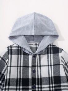 Young Boy Plaid Long Sleeve Single-Breasted Casual Hooded Shirt - Multicolor - View 3