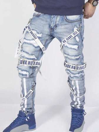Men's Jeans Slim Fit Motorcycle Straps Blue Denim Trousers Washed Blue Cut Holes Multi-Craft Hip-Hop Streetwear Daily Men's Pants