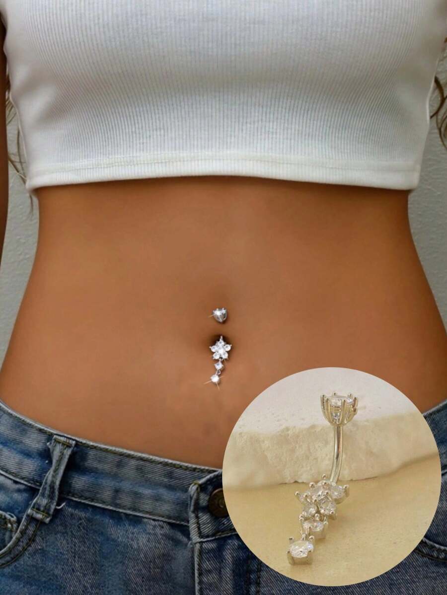 1 Peça Anel de Umbigo de Flor com Pedra CZ de Cobre Banhado a Prata, Adequado para Mulheres, Apropriado para o Dia dos Namorados, Natal, Halloween, Festa, Presente de Aniversário, Uso Diário