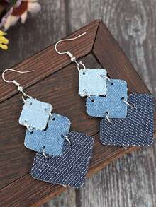 1 Pair Western Style S-Shaped Leaf Patchwork Denim-Look PU Leather Creative Earrings - Denim Blue - View 3