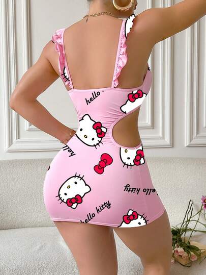 Sanrio Sanrio Women's Hello Kitty Print,Girl Lotus Leaf Edge Small Flying Sleeve Milk Silk,Pink Pajamas,Cute Sleep Dress,Hollow Out, Exposed Waist,Bag Hip Skirt,Babydolls,Sexy Lingerie,Sexy Lingerie Dress