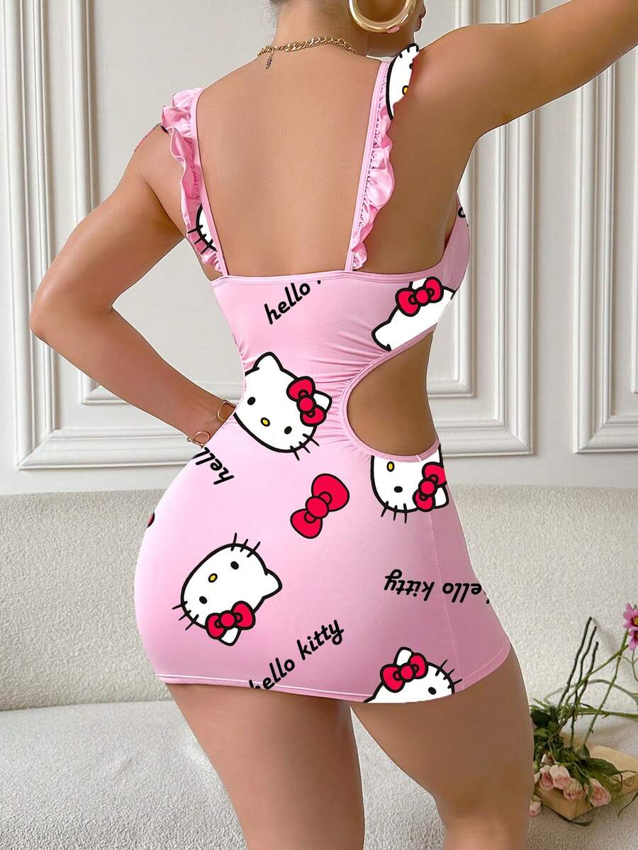 Sanrio Women's Hello Kitty Print,Girl Lotus Leaf Edge Small Flying Sleeve Milk Silk,Pink Pajamas,Cute Sleep Dress,Hollow Out, Exposed Waist,Bag Hip Skirt,Babydolls,Sexy Lingerie,Sexy Lingerie Dress