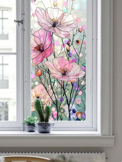 1pc Colorful Floral Pattern PVC Frosted Static Cling Window Film, Glue-Free Static Adsorption, Removable, Privacy Protection, Blocks Sunlight And UV, Suitable For Home Decor, Bedroom, Living Room, Kitchen, Bathroom Door And Window Decoration. High-Quality Removable Glue-Free, Reusable, Easy To Install Home Decor Window Film.