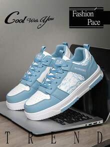 男士时尚拼布复古印花系带低帮帆布运动鞋，舒适轻便休闲运动鞋，适合日常和户外穿着，四季皆宜 - 白月 - 查看 2