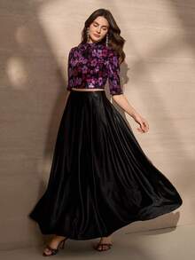 优雅奢华亮片刺绣花卉装饰上衣和 A 字裙女式轻盈两件套