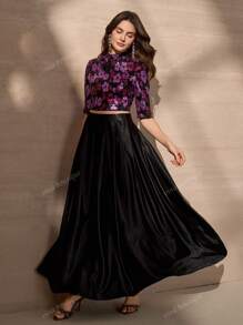 Elegant Luxurious Sequin Embroidered Floral Decor Top And A-Line Skirt Women's Lightweight Two Pieces Set