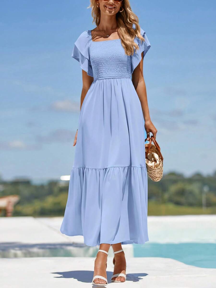 Women's Summer Casual Dresses Square Neck Ruffle Short Sleeve High Waist A-Line Wedding Dresses - Màu xanh nhạt - Xem 1