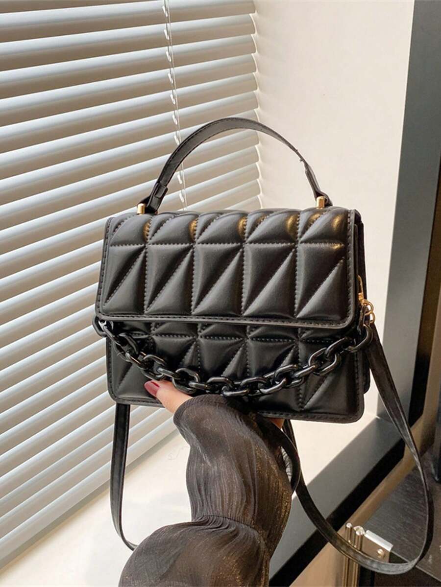 Pleated Quilted Diamond Chain Crossbody Bag - Black - View 1