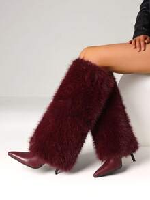 Women's Y2K Furry Fluffy Fold Over Knee High Boots Fashion Pointed Toe Stiletto High Heels Sexy Elegant Faux Fur Long Boots Woman - Màu Đỏ Sâu - Xem 5