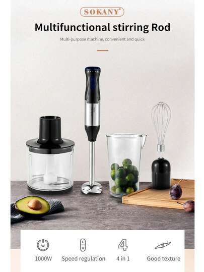 Licuadora, licuadora, batidora de mano, 4 en 1 multifuncional eléctrica de acero inoxidable 1000W SK1711-4 Negro