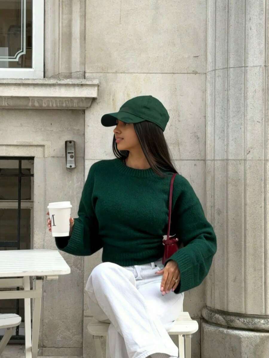 Áo len dài tay cổ tròn màu xanh đậm Senya Vintage, kiểu dáng tối giản, rộng rãi, thoải mái, phù hợp cho nữ mặc hàng ngày, áo mặc đi học. - Màu xanh lá cây đậm - Xem 1