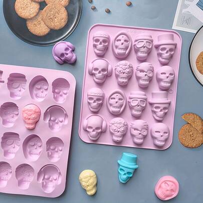 硅胶骷髅模具 - 1/2/3 件装，万圣节主题骷髅柔性托盘，适用于巧克力、糖果、饼干、布丁、蛋糕装饰、DIY 烘焙工具