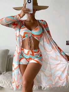 Women's Swimsuit Set, All-Over Print Bikini With Drawstring And Straps, 3-Piece Kimono Beach Cover-Up - trái cam - Xem 3
