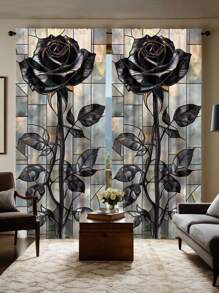 ستارتان أنيقتان مطبوعتان بنقشة الوردة السوداء والزجاج الملون، طباعة رقمية عالية الدقة، تركيب بجيب العصا، 100% بوليستر، 90 جرام/متر مربع، مناسبة لجميع الفصول، تصفية الضوء، حماية الخصوصية، ستائر زخرفية حاجبة للأشعة فوق البنفسجية