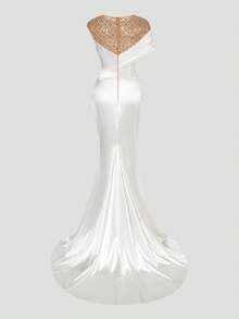 Faeriesty Elegant Rhinestone Detail Ruched Front Beaded Mesh Insert Satin Wedding Dress,Party Dress,Gown,Formal,Evening,Wedding Guest - White - View 10