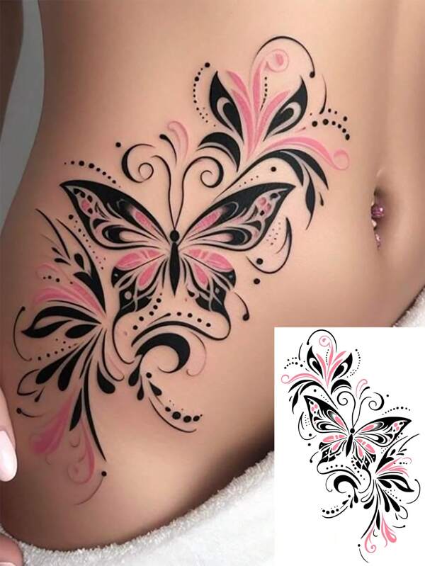 1 Stück waschbare temporäre Tätowierung, gotischer floraler blühender Schmetterling Succubus Design, geeignet für Anwender