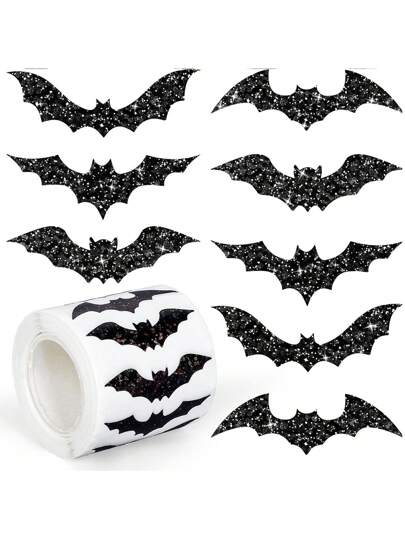 500pcs/Set Shiny Bat Stickers, Halloween Bat Sticker Roll, Envelope Stickers, Desk Decor Stickers, Laptop/Phone Case Stickers, Decorative Stickers, Easy To Peel And Stick, With Glitter, Suitable For Party Decoration, Holiday Decoration, Gift Packaging, Halloween Decoration