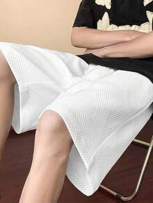 Summer White Jacquard Knitted Loose Straight Leg Shorts For Men, Casual, Sports, Versatile Solid Color, Mid-Thigh Length - White - View 1