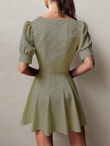 Women's Summer Polka Dot V-Neck Tie Front Bow Short Sleeve Black Mini Dress, Elegant Dignified Outgoing Dress, Business Office Daily Casual Dress