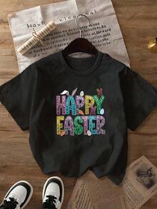Women's Easter T-Shirt, Happy Easter Print, Casual Round Neck, Geometric Pattern, Fashionable Top For Spring/Summer - Black - View 5