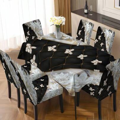1 件/5 件/7 件/30 件黑白蝴蝶印花桌布椅套套装，5 件（1 块桌布 + 4 个椅套），7 件（1 块桌布 + 6 个椅套），时尚高端椅套和桌布套装，配有厚实的椅套和桌布，适合家庭使用，可重复使用，适用于餐厅、客厅、厨房和家居装饰