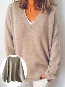 Plus Size Solid Color Simple V-Neck Long Sleeve Pullover Sweater, Casual Everyday Wear