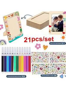 Kit DIY pentru rame foto cu 21 de bucăți, inclusiv 5 rame foto din lemn nefinisate, 12 mini pixuri acuarelă și 4 autocolante cu diamante din cristal, rame foto personalizate, decor pentru casă cu rame din lemn, artizanat DIY, potrivit pentru familii, decorarea casei, Ziua Recunoștinței, Crăciun, ziua de naștere, cadouri de sărbători